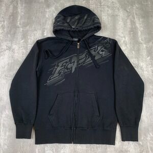 Fox Racing Hoodie Mens Medium Black Flash Logo Full Zip Skate Grunge Jacket Y2K